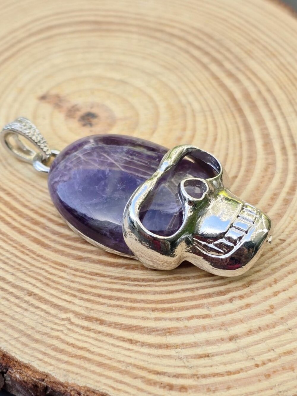 Hand Crafted ✦ Amethyst Stainless Steel Skull Pendant ✦ Gothic Purple Gemstone - Picture 3 of 6